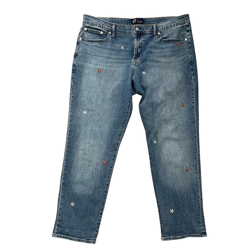 GAP Floral Embroidered Daisy Girlfriend Jeans Medium Wash Stretch Denim Pants